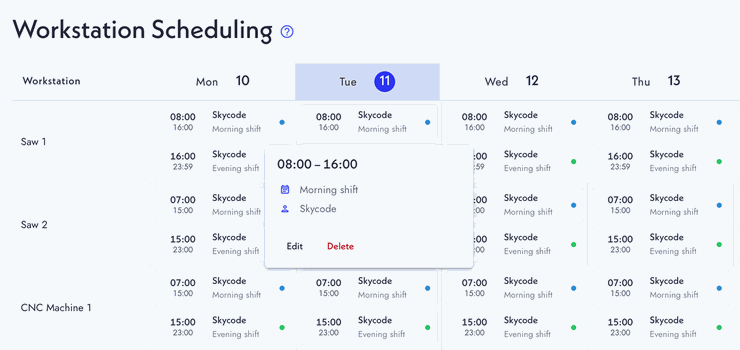 SkyPlanner Workstation Scheduling: morning and evening shifts per workstation across weekdays