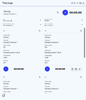SkyPlanner Time Logs on a tablet: a grid of job cards with start-timer buttons